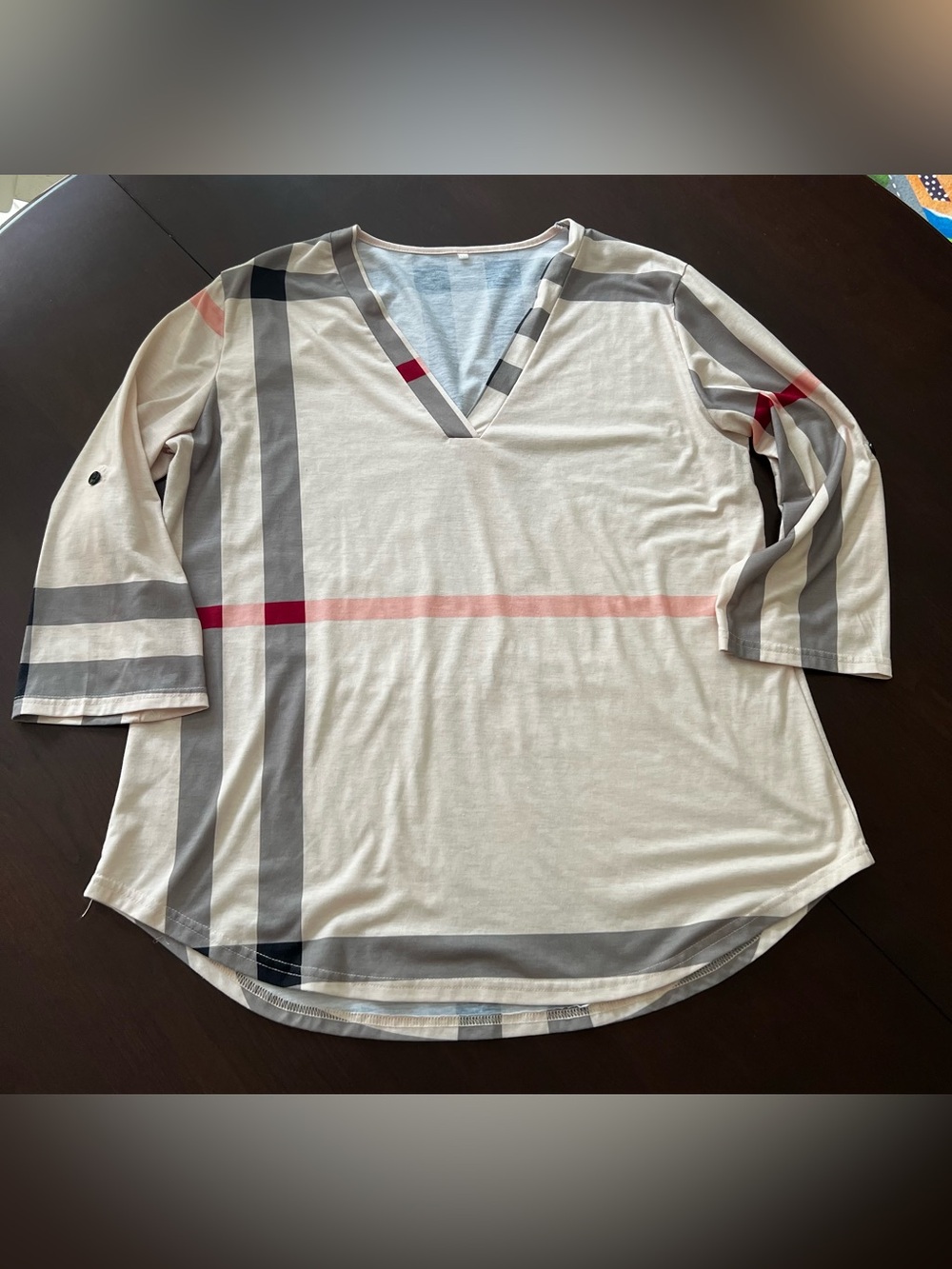V-Neck‎ Tunic Top in Cream with Gray and Pink Plaid